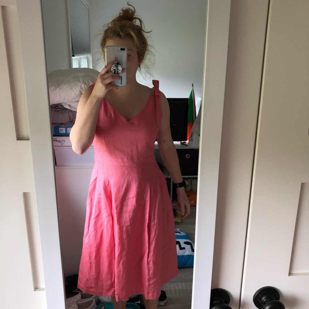 pink midi dress with tie-up sleeves